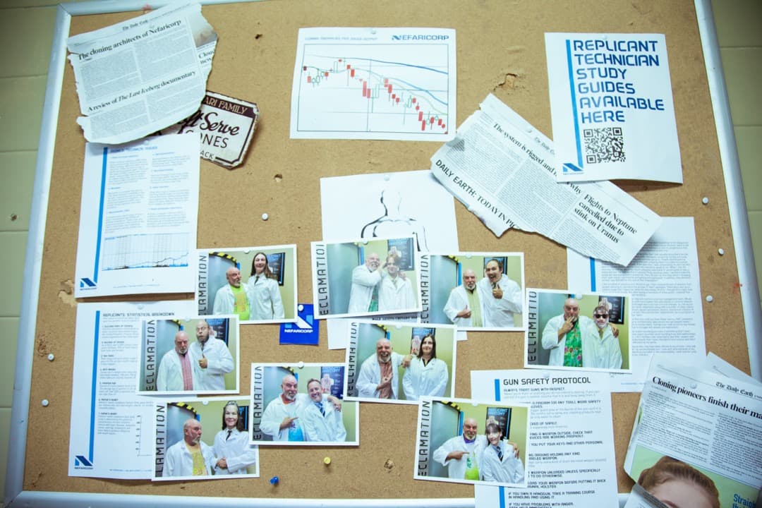 Behind the scenes photo 51 from Clone Cops production showing clone lab images of frank's former assistants, played by various crew members